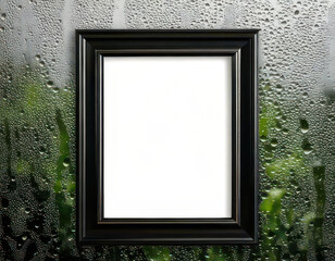 Glossy black frame mockup with pure white inside, surrounded by glass texture and morning dew
