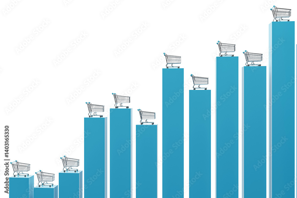 Poster blue bar graph with shopping carts on top, clean 3d rendering style, isolated on white background, c