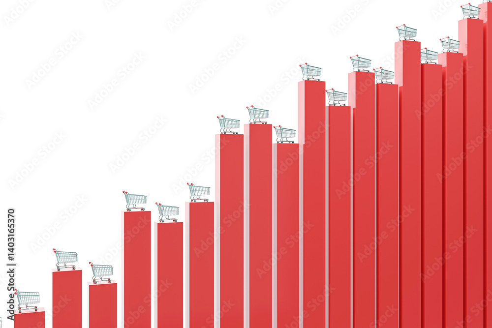 Poster shopping carts on red vertical bars in ascending order, 3d rendering, isolated on white background, 