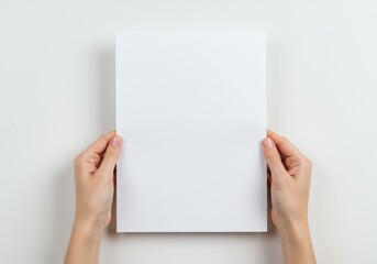 Hands holding a blank white paper sheet against a white background in a studio setting