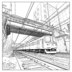 Naklejka premium Detailed Line Drawing of Urban Train Tracks with Overhead Structures and Train in Motion