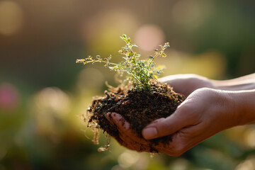 Fototapeta premium Hands holding soil with a small sprouting plant