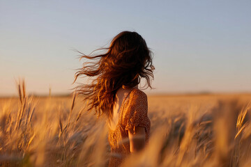 Obraz premium Woman walking in wheat field at sunset