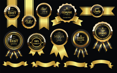 Golden luxury labels and banners, gold badge vector .premium quality certificate seal ribbons, Shield, VIP, super quality sticker tags and banners for best product seals, top no 1 brand  golden crown
