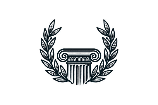 Engraved Ionic column with laurel wreath in bold black line style