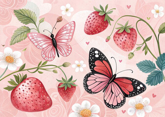 A decorative nature-themed illustration with detailed strawberries, white and pink flowers, and an elegant butterfly in soft pastel hues
