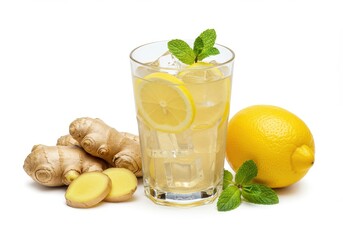 Refreshing ginger lemon drink with ice and mint garnish on a white surface for a healthy treat