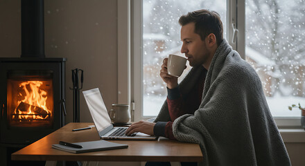 Cozy Winter Work: Man with Coffee by the Fireplace on a Snowy Day
