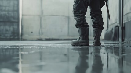 Fototapeta premium Concrete worker leveling fresh concrete slab for garage. Featuring precision and technique