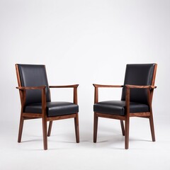 Two Modern Walnut Armchairs with Black Leather Upholstery