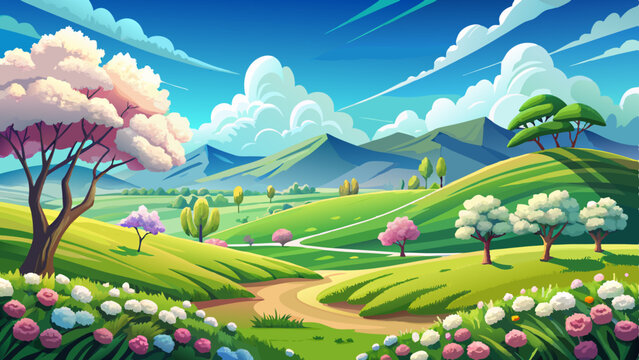 Wide open landscape with rolling green hills and a bright blue sky dotted with fluffy white clouds.