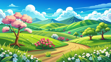 Obraz premium Wide open landscape with rolling green hills and a bright blue sky dotted with fluffy white clouds.