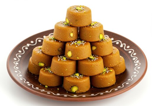 A pyramid of peda sweets decorated with pistachios and sprinkles on a patterned brown plate