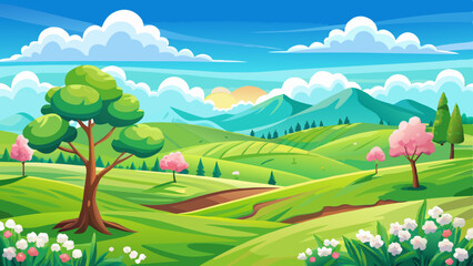 Obraz premium Wide open landscape with rolling green hills and a bright blue sky dotted with fluffy white clouds.