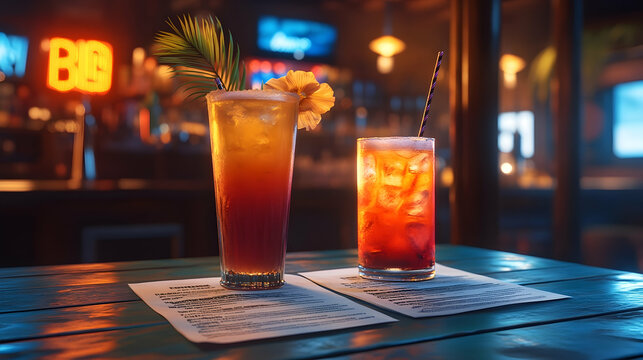 Two vibrant cocktails, garnished with tropical elements, served in a dimly lit bar. - Powered by Adobe