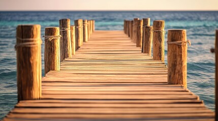 Fototapeta premium Wooden pier extending into calm waters, bathed in natural light, evoking tranquility and timeless serenity. 