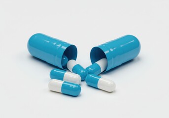 Close up of blue and white capsules with one capsule opened on a white background surface