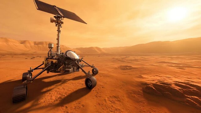 Solar-powered robotic rover with extended solar panels positioned on rocky Martian desert landscape with distant mountain ranges. Exploration vehicle designed for scientific research