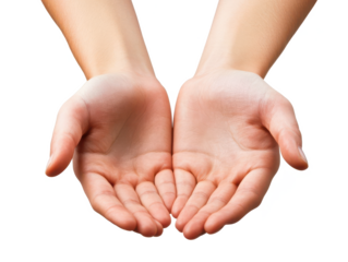 Two open hands facing upwards with palms visible against  space for text