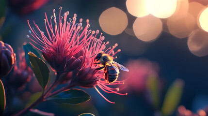 Macro photography of bee pollinating flower