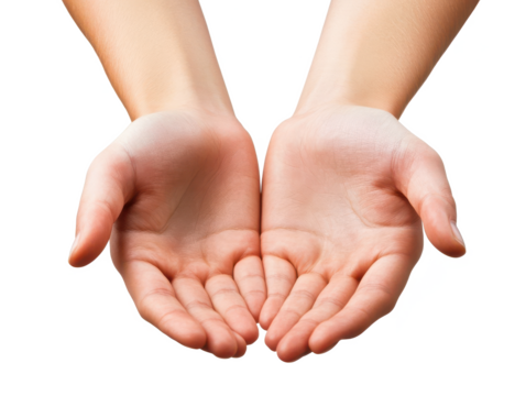 Two open hands facing upwards with palms visible against  space for text