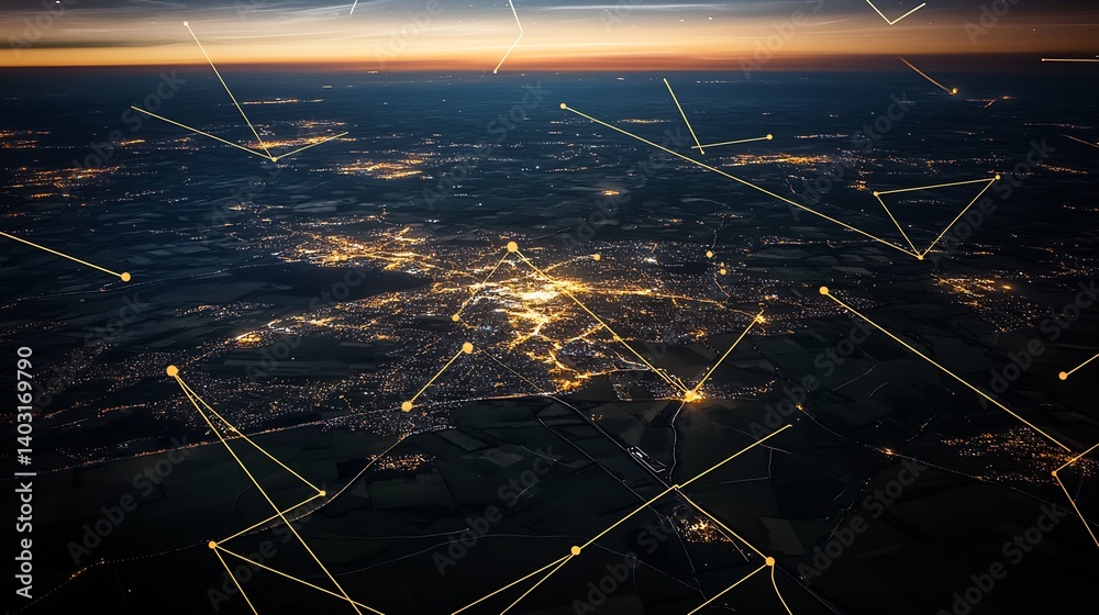 Poster aerial view of a vibrant city at night with illuminated streets and dynamic connections in the sky :