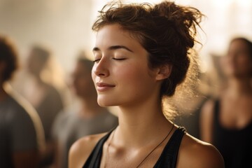 Woman meditating in class with blurred people, for wellness content or advertising