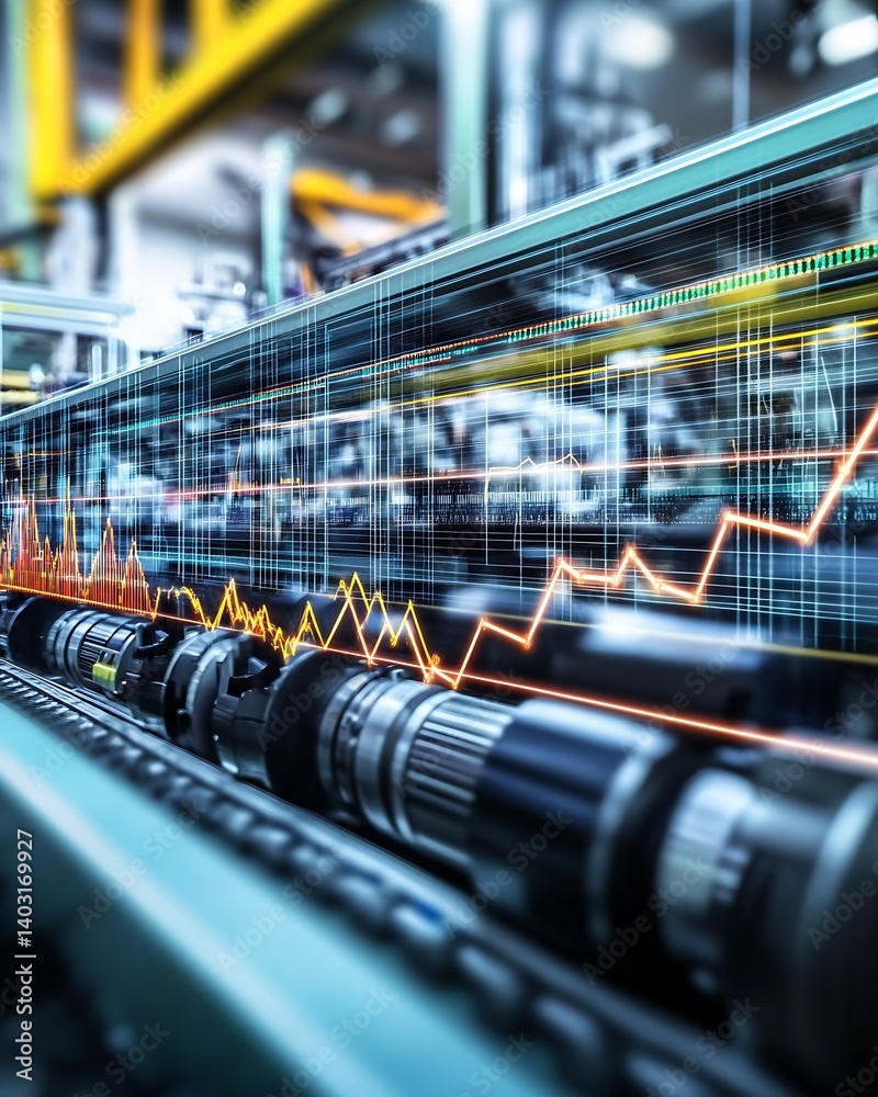 Aufkleber industrial manufacturing scene featuring machinery with data overlay illustrating productivity and p