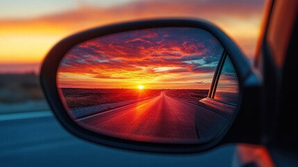 Fototapeta premium Sunset road trip mirror reflection vibrant sky