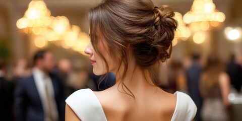 Lady in white dress at formal event, elegant updo. Gathering background