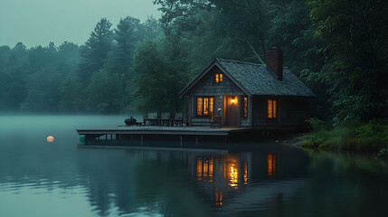 Fototapeta premium A cozy cabin on a misty lake at twilight.