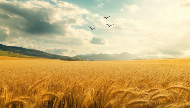 Golden wheat field stretches towards a mountain range under a partly cloudy sky.