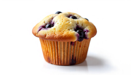 Tempting blueberry muffin on a pure white background showcasing plump blueberries and golden-brown crust. Perfect for bakery, cafe, and dessert-themed projects.