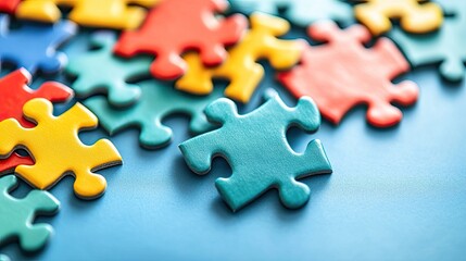 Colorful jigsaw puzzle pieces scattered on a blue background, puzzle fun, family activity, brain games, creative play, entertainment, mental challenge.