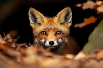 Red fox peeking through autumn leaves