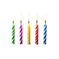 Five Lit Striped Birthday Candles on Transparent Background