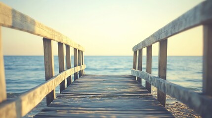 Obraz premium Wooden pier extending into calm waters, bathed in natural light, evoking tranquility and timeless serenity. 