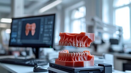 3D model of teeth on a table with a monitor displaying a digital version of them. Useful in medical articles, dental advertisements, educational materials.
