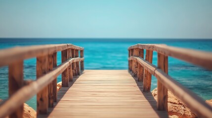Obraz premium Wooden pier extending into calm waters, bathed in natural light, evoking tranquility and timeless serenity. 