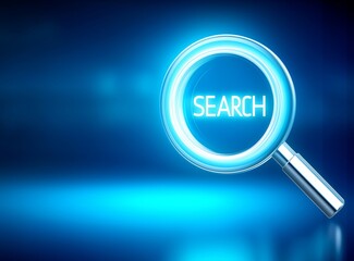 Magnifying glass icon with glowing edges signifies search functionality in a futuristic interface background using high-resolution quality. Glowing magnifying glass icon represents a search function