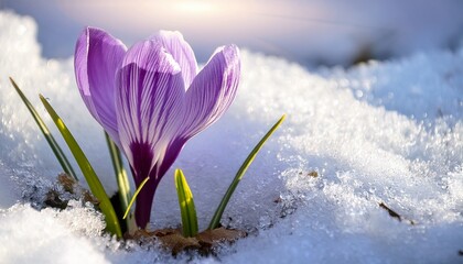 Early Spring Purple Crocus Flower in Melting Snow