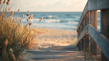 Wooden pier extending into calm waters, bathed in natural light, evoking tranquility and timeless serenity.
