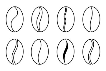 A set of different coffee beans, contour line drawing, black and white vector illustration, flat design. Graphic Coffee Flavored Simple icon element for decoration, design, label, cover