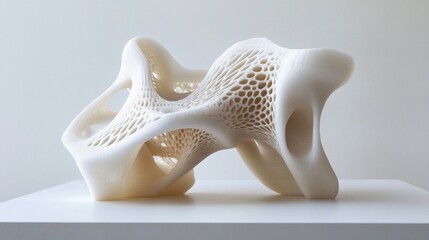 Abstract white sculpture with perforated design on light background..Background for creative projects, design portfolios, modern art.