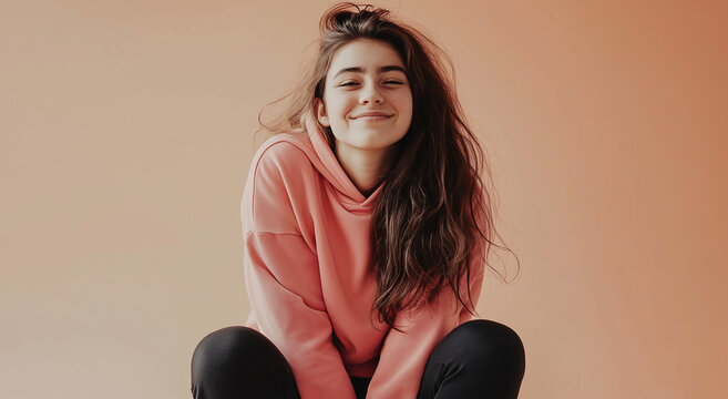 Uma adolescente de moletom rosa e legging preta sorri suavemente