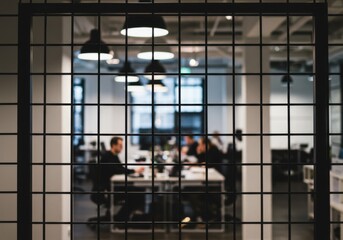 View of office space through metal grid with people working at table and hanging lights above them