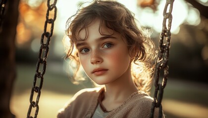 Outdoor portrait of a thoughtful young girl on a swing.