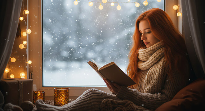 Cozy Winter Reading: Woman by the Window with Snowfall and Lights