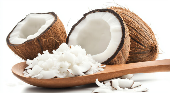 Pilha de coco ralado em colher de pau isolada