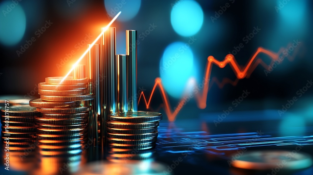 Aufkleber stylish digital composition showing rising bar graph over coins symbolizing investment and financial